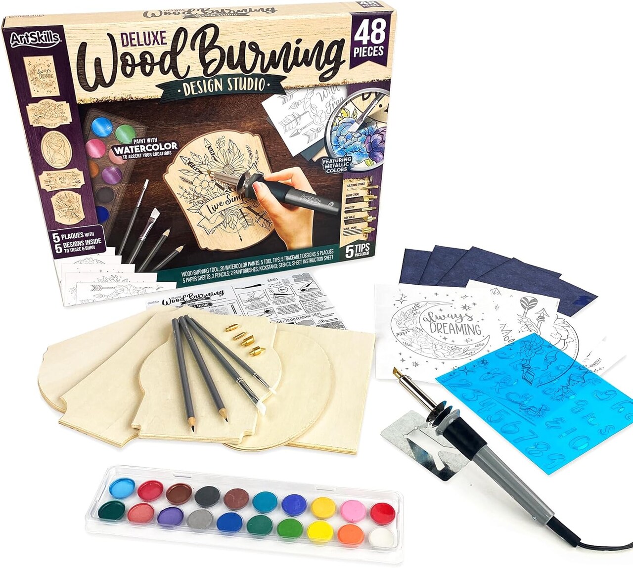 Wood Burning Kit for Beginners - Deluxe Pyrography Wood Engraving Art Kit with Burner Pen, Stencils, Watercolor Paints - 48 Piece DIY Woodburning Tool Kit for Adults and Kids 12 x 9 x 1.5 inches